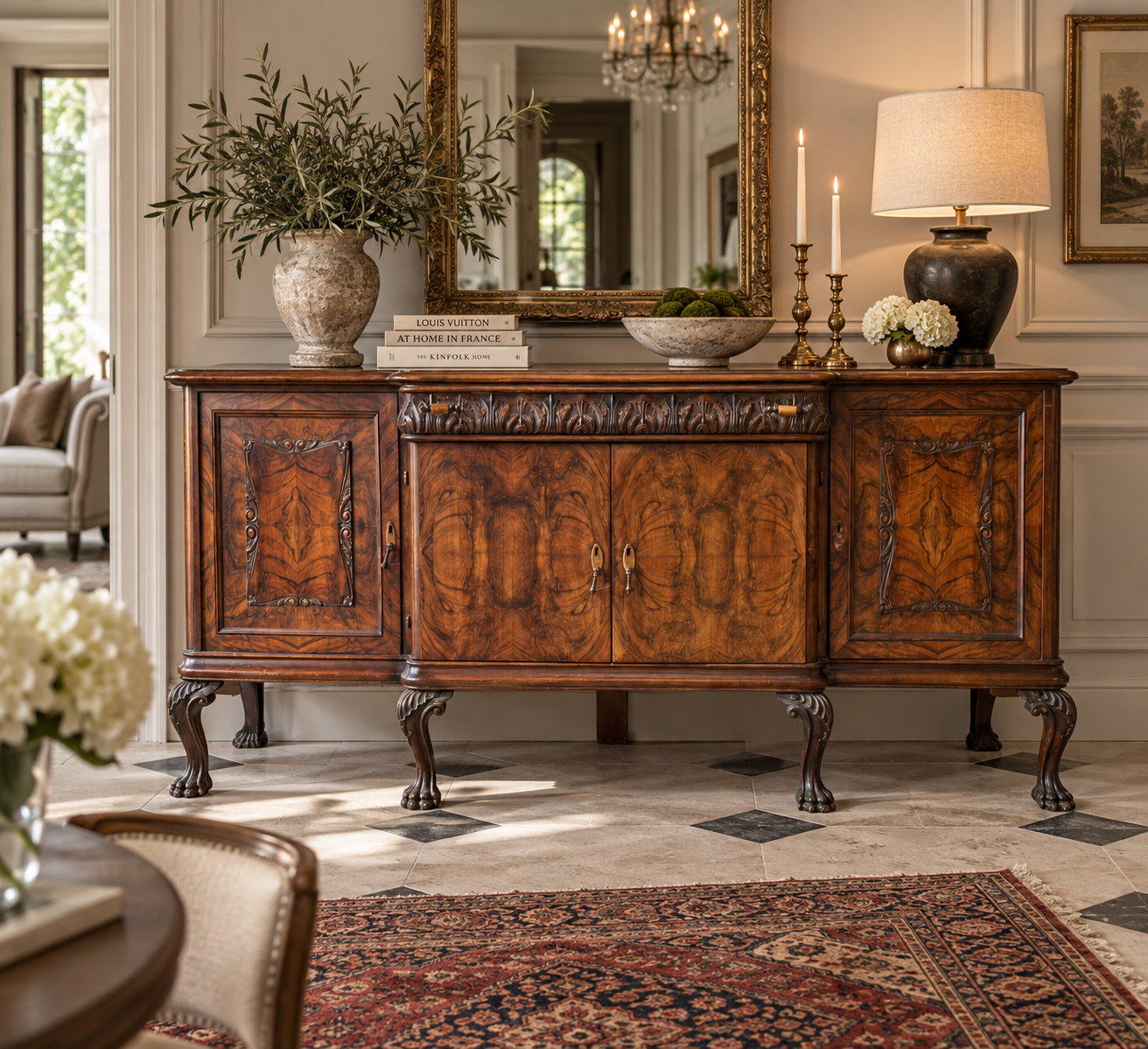 A large antique French walnut sideboard in a bright room