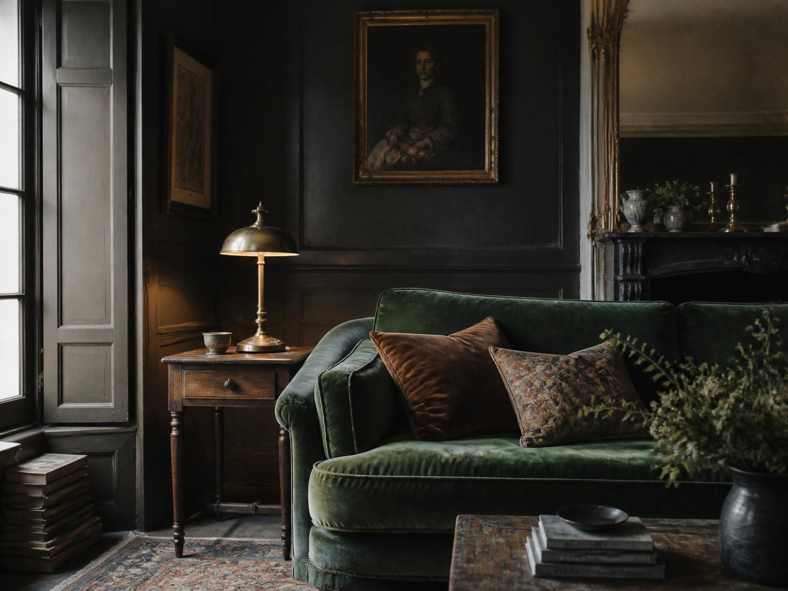 A moody interior with deep jade velvet, antique brass and heritage detail